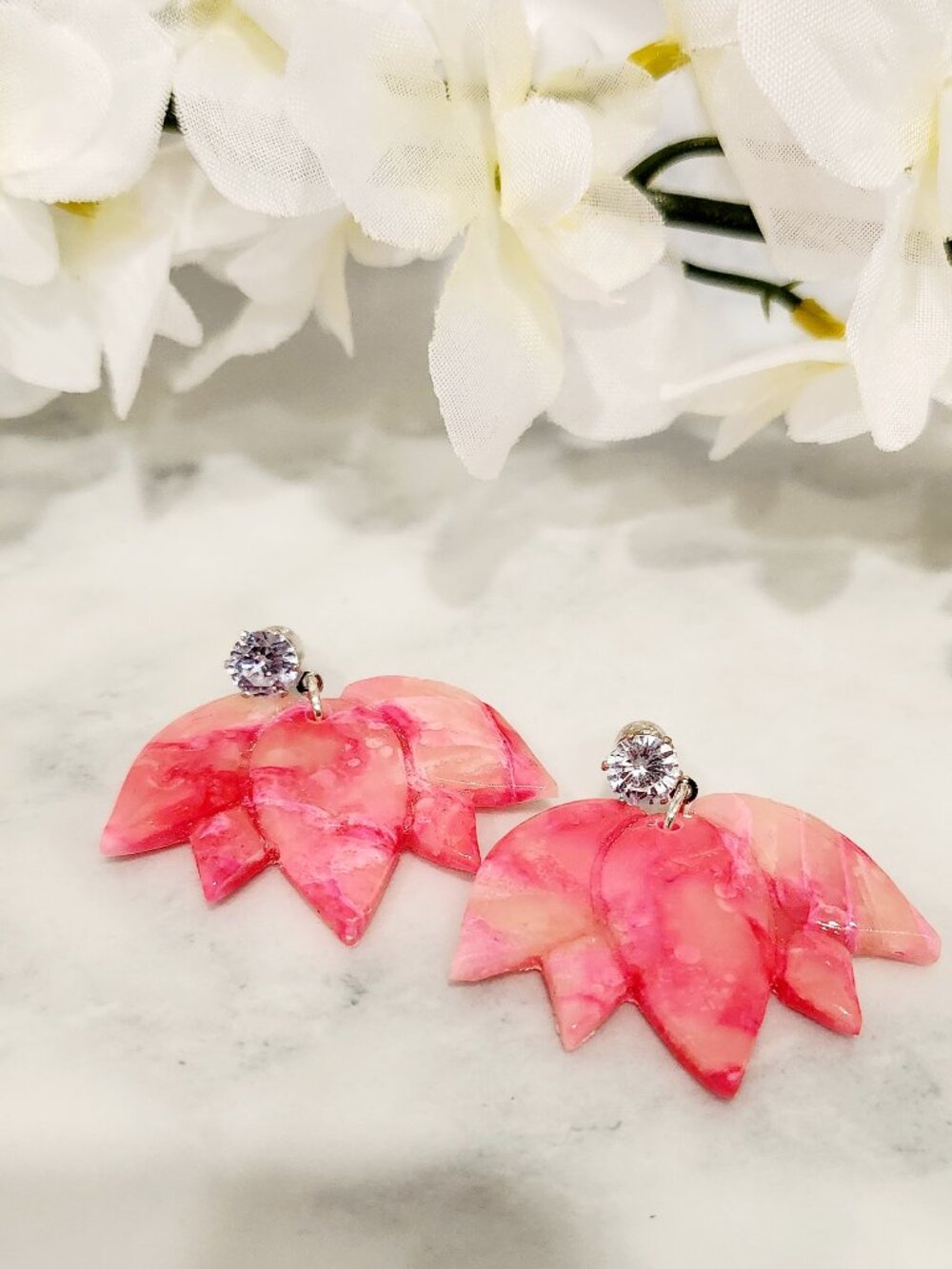 Pink Translucent Marble Earrings Handmade Polymer Clay/Resin Statement Earrings